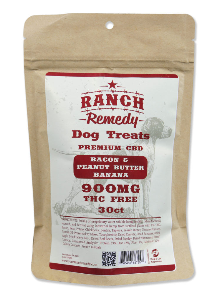 Ranch Remedy Premium CBD Dog Treats - bacon, peanut butter, and banana flavored. 300 mgs of CBD (NO THC) to calm your dog's anxiety and boost their immune system.